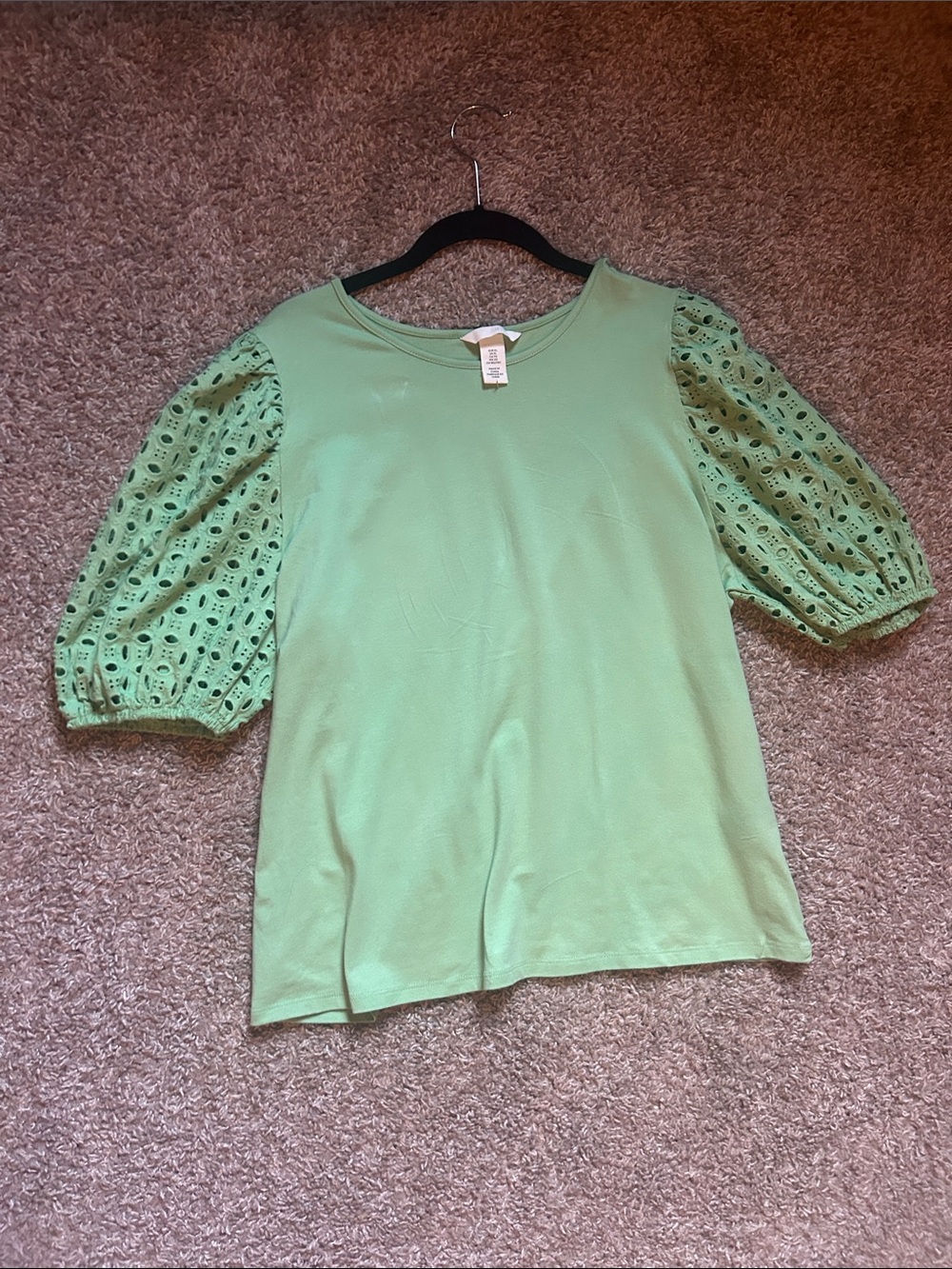 H&M Women's Green Puff Sleeve Eyelet Top